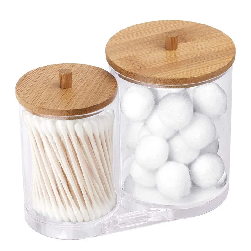 Bathroom Organizer Set — Glass Jars with Bamboo Lids for Cotton & Q-Tips
