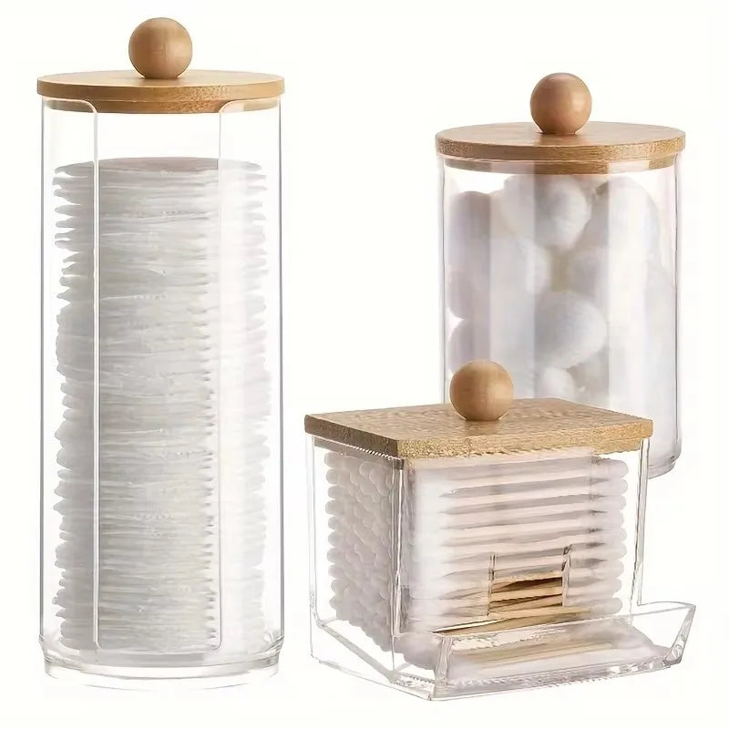 Bathroom Organizer Set — Glass Jars with Bamboo Lids for Cotton & Q-Tips